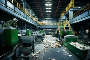 Waste sorting plant. Recycling and storage of waste for further disposal. Clean and organized waste separation facility in action. Ai generative photo