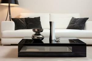 A sleek acrylic coffee table that enhances a modern living space with vibrant white and black hues. Ai generative photo