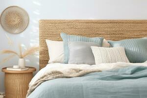 Seagrass wicker headboard in a coastal bedroom in soft blues and neutrals. Ai generative photo