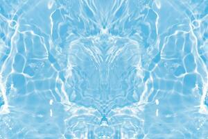 Defocus blurred transparent blue colored clear calm water surface texture with splashes reflection. Trendy abstract nature background. Water waves in sunlight with copy space. Blue watercolor shine. photo