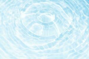 Defocus blurred transparent blue colored clear calm water surface texture with splashes and bubbles. Trendy abstract nature background. Water waves in sunlight with copy space. Blue watercolor shining photo