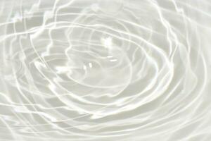 Defocus blurred transparent blue colored clear calm water surface texture with splashes reflection. Trendy abstract nature background. Water waves in sunlight with copy space. Blue watercolor shine. photo