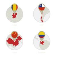 Chad, Chile, China, Colombia map and flag in circle. vector