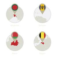 Bangladesh, Barbados, Belarus, Belgium map and flag in circle. vector