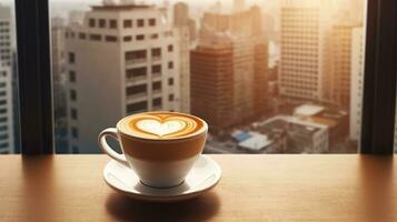 A cup of coffee with a love heart shape on a table near window of the office and city building background behind. AI Generated photo