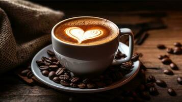 A cup of coffee with a love heart shape on a table with many coffee beans around it.  AI Generated photo