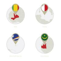 Mali, Malta, Marshall Islands, Mauritania map and flag in circle. vector