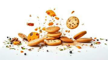 Biscuits crumbled into pieces with crushed spice falling from the air close-up isolated on a white background. AI Generated photo