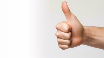 Close-up of a human hand showing thumbs up isolated on white background. Gesturing of trust, agreement, positive green signal, validation, like, and support. AI Generated photo