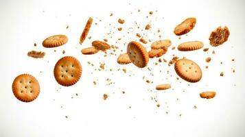 Biscuits crumbled into pieces with crushed spice falling from the air close-up isolated on a white background. AI Generated photo