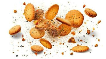 Biscuits crumbled into pieces with crushed spice falling from the air close-up isolated on a white background. AI Generated photo