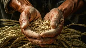 Close-up of a farmer's hand holding rice paddy. AI Generated photo