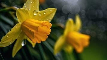 narciso flor con agua gotas. amarillo flores floreció después lluvia. el Perfecto imagen para primavera antecedentes y flor paisaje. ai generado foto