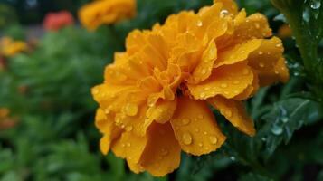 Marigold flower blooms after rain. Beautiful yellow flower with raindrops. AI Generated photo