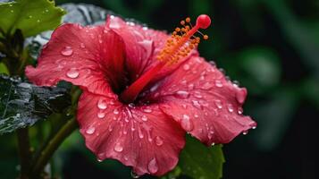 rojo hibisco flor con gotas de lluvia en un verde antecedentes. en el tropical jardín. ai generado foto