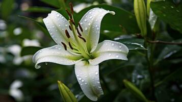 White lilies macro photography with raindrops. Lilium plant floral wallpaper on a green background. AI Generated photo