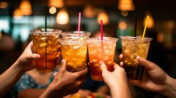 Group of young friends saying cheers holding tropical blended colorful delicious fruit drinks. AI Generated photo