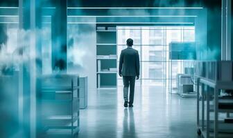 Double exposure image of business people walking on a city office building in background. View from Mirror door glass. AI Generated photo