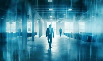 Double exposure image of business people walking on a city office building in background. View from Mirror door glass. AI Generated photo