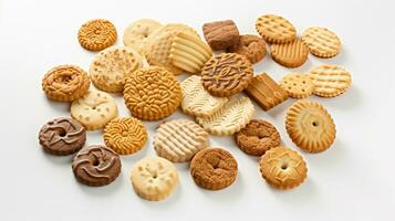 Collection of cookies, crackers, biscuits isolated on white background. AI Generated photo