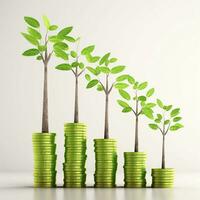 A row of stacks of green coins with a tree growing out of the top. AI Generated photo