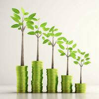 A row of stacks of green coins with a tree growing out of the top. AI Generated photo