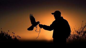 un hombre participación un pájaro en frente de un atardecer, silueta aves amante concepto. ai generado foto