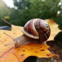 A snail on a maple leaf is seen in this close up photo. AI Generated photo