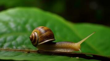 A snail on a green leaf. Close-up macro photography. AI Generated photo