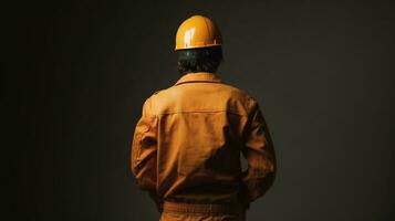 un hombre con un naranja color vestir y sombrero soportes en frente de un oscuro antecedentes. trabajadores, labor día concepto. ai generado foto