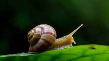 A snail on a green leaf. AI Generated photo