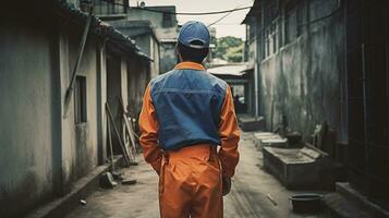un hombre trabajador en un naranja vestir camina abajo un calle. ai generado foto