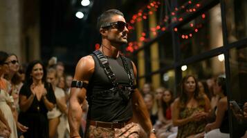 A model man designer is walking the runaway at collection Spring Summer 2024 fashion show during Fashion Week. photo