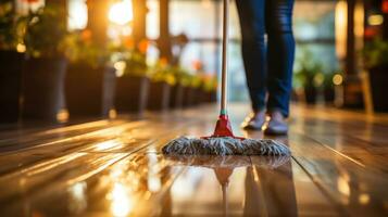 Cleaning the floor with a mop. Cleaning service concept. photo