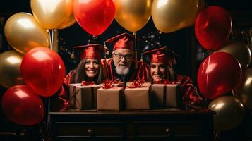 Merry Christmas and Happy Holidays. Cheerful senior man and woman wearing bachelor cap and gowns holding gift boxes. photo