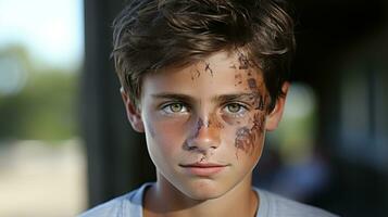 retrato de un joven chico con con raspaduras en su rostro. foto