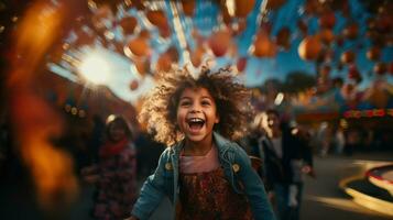 Little african american girl with curly hair having fun in amusement park. photo