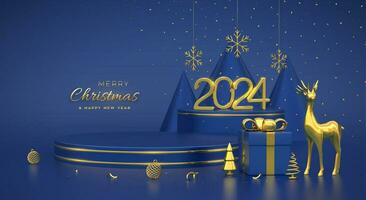 Christmas Scene and 3D round platforms on blue background. 3D Golden numbers 2024. Blank Pedestal with deer, shining snowflakes, balls, gift boxes, gold metallic cone shape pine, spruce trees. Vector. vector