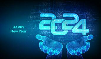 Happy New 2024 Year. Numbers 2024 made with binary code in wireframe hands. Digital binary data and streaming digital code background. Matrix background with digits 1.0. Vector illustration.