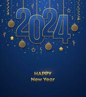Happy New 2024 Year. Hanging on gold ropes numbers 2024 with shining 3D metallic stars, balls and confetti on blue background. New Year greeting card, banner template. Realistic Vector illustration.