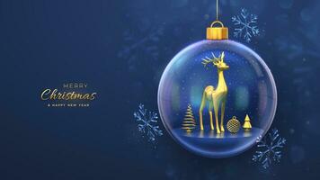 Christmas greeting card. Golden deer in a transparent glass ball. Shining showflakes, glitter confetti. New Year Xmas blue background. Festive holiday poster, banner, flyer. 3D Vector illustration.