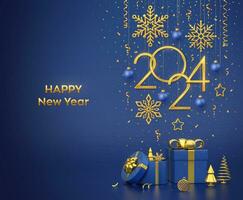 Happy New Year 2024. Hanging golden metallic numbers 2024 with stars, balls and confetti on blue background. Gift boxes and golden metallic pine or fir, cone shape spruce trees. Vector illustration.