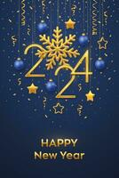 Happy New 2024 Year. Hanging Golden metallic numbers 2024 with shining snowflake and confetti on blue background. New Year greeting card or banner template. Holiday decoration. Vector illustration.