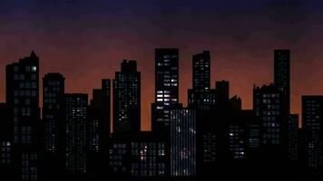 City skyline in silhouette at dusk with glowing house party lights flashing from the windows. Full HD and looping urban nightlife background animation. video