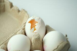 one broken egg with yellow yolk stored in carton container photo
