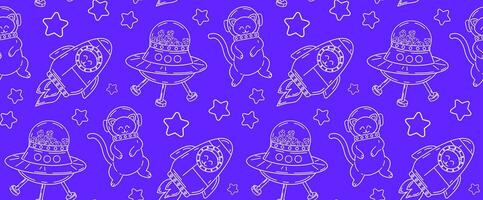 Linear pattern with cute cats in space. Vector seamless pattern of pet characters in doodle style.
