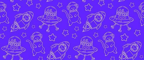 Linear pattern with cute cats in space. Vector seamless pattern of pet characters in doodle style.