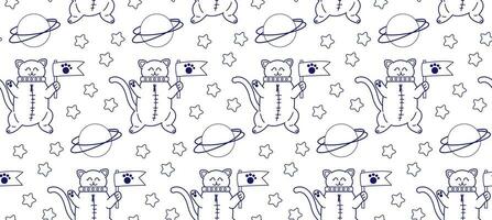 Linear pattern with cute cats in space. Vector seamless pattern of pet characters in doodle style.