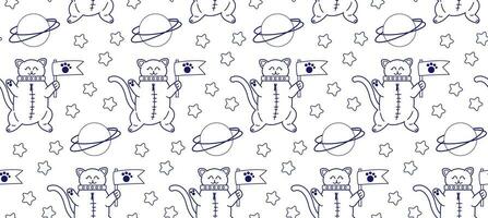 Linear pattern with cute cats in space. Vector seamless pattern of pet characters in doodle style.