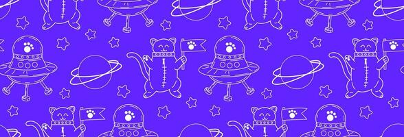 Linear pattern with cute cats in space. Vector seamless pattern of pet characters in doodle style.